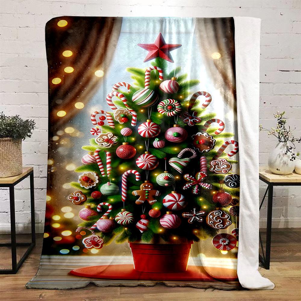 Candy-Themed Christmas Tree Patterned Flannel Blanket Perfect for the Bedroom Living Room, Sofa, or a Little Nap