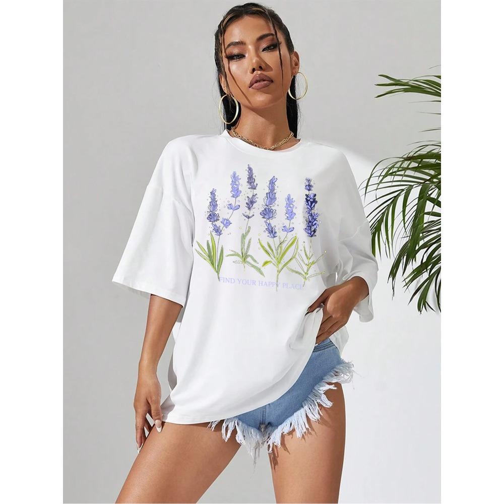 Schönes Lavendeldruck Damen T-Shirt Sommer Freizeit T-Shirts Straße Kurzarm Atmungsaktiv Bequem