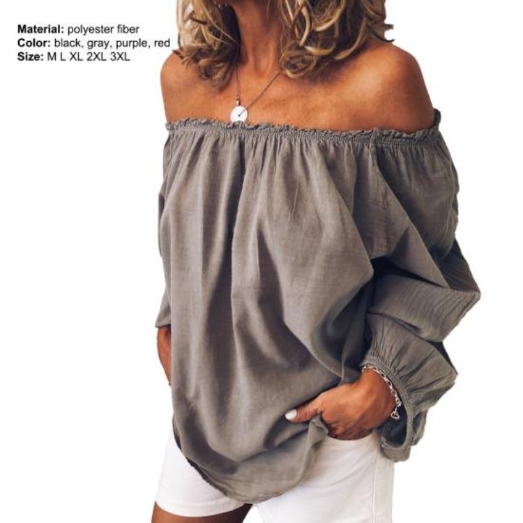 Party Top Autumn Winter Solid Color Women Blouse Pleated Off Shoulder Long Sleeve