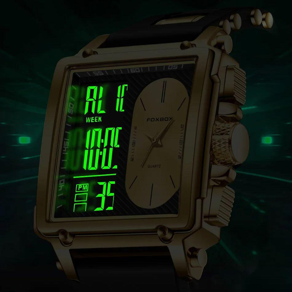 FOXBOX Top Brand Luxury Men Watch Fashion Square Watch Men Casual Sports Waterproof Double Display Watch Relogio Masculino