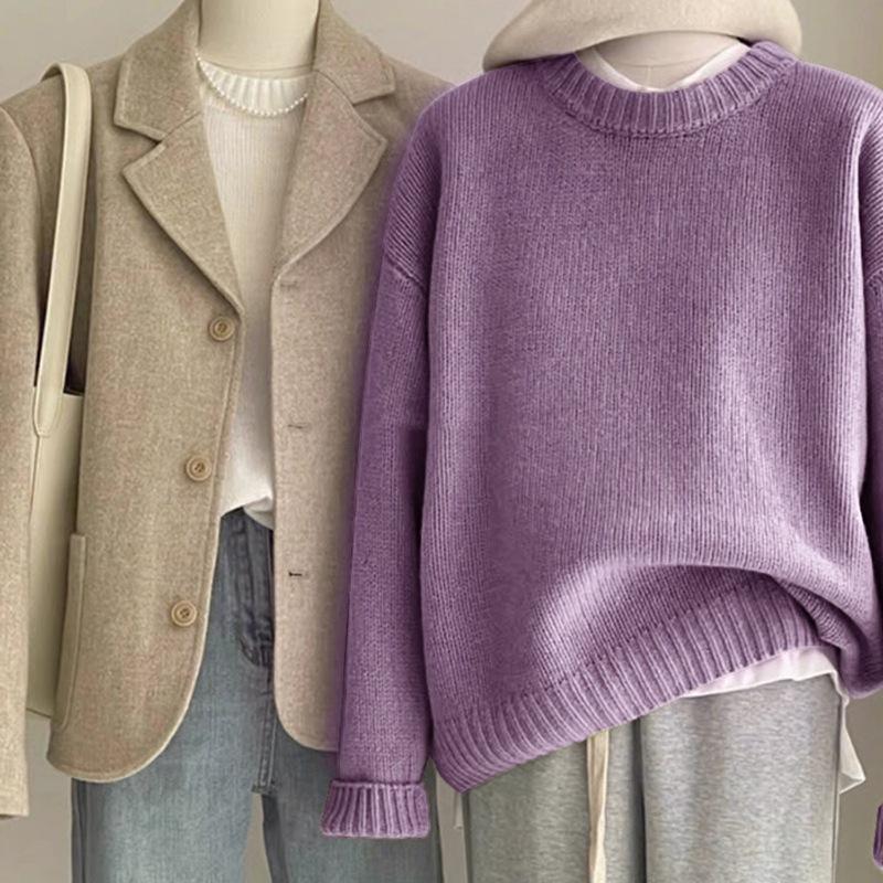 Autumn and Winter Women Soft Waxy Round Neck Cashmere Sweater Women's Loose Sweater Autumn and Winter Short Base Sweater