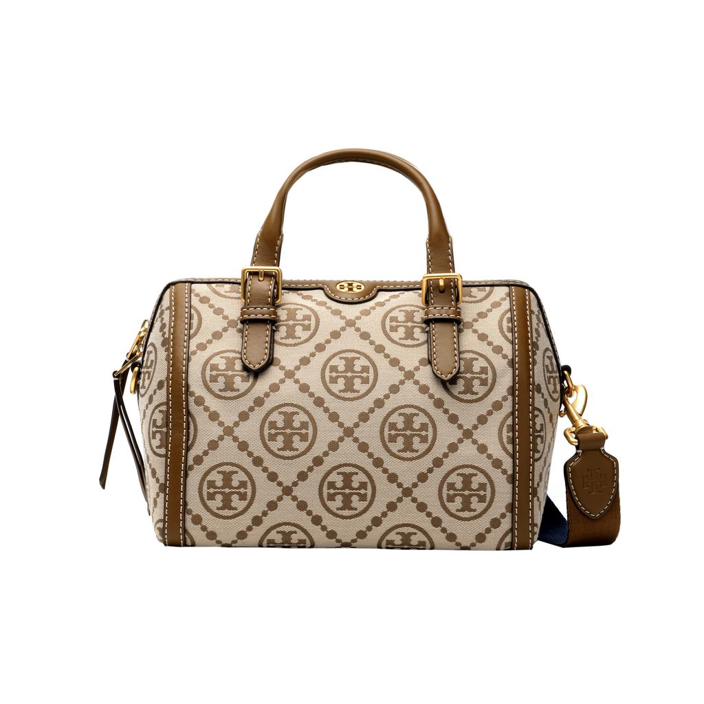 Tory Burch T Monogram Canvas And Leather Boston Bag With Adjustable Shoulder Strap Women handbags Hazelnut-Brown 83970-371