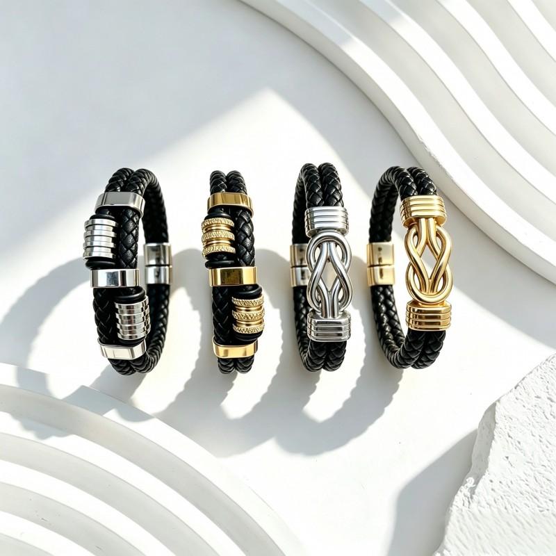 Mens Multi-Layer Braided Leather Cord Bracelet With Stainless Steel Cross Tiger Eye Bead Adjustable Wristband