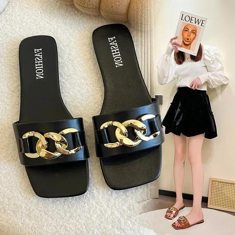 2024 New Summer Women's Slippers Rome Fashion Solid Color Designer Flat Sandals Soft Sole Shoes for Women Breathable Beach