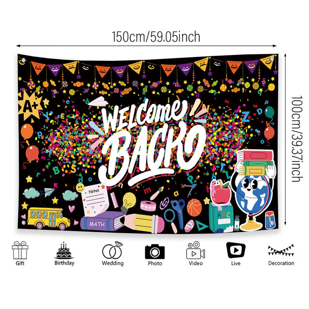 Back to School Party Background, Cartoon Stationery Design, Decorative Polyester Cloth for Back to School Party Decoration. 1pc