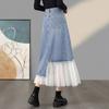 Women's Irregular Mesh Patchwork High-Waisted Mid-Length Denim Skirt