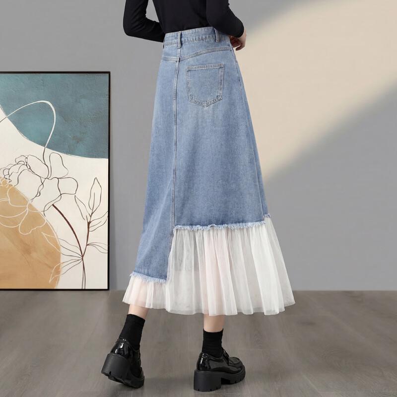Women's Irregular Mesh Patchwork High-Waisted Mid-Length Denim Skirt