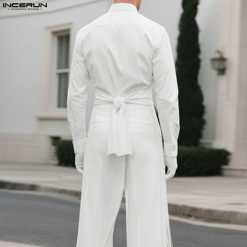 INCERUN Herren Reverskragen Langarm Überkreuzt Vorne Cropped Lässige Quasten Hemden Oberteile