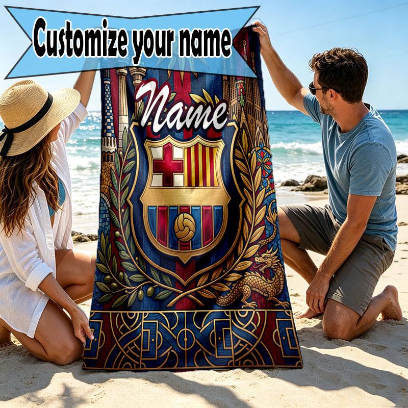 Serviette de Plage Personnalisée avec Nom Club de Football Barcelone, pour Voyage Camping Fête à la Plage Décoration Intérieure, Cadeau d'Anniversaire pour la Famille et les Amis