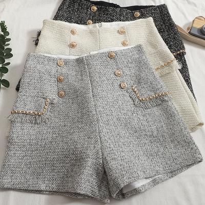 Women Tweed High Waist Short Button Vintage A-line Shorts Casual Office Shorts Women Chic Trousers Spring Summer