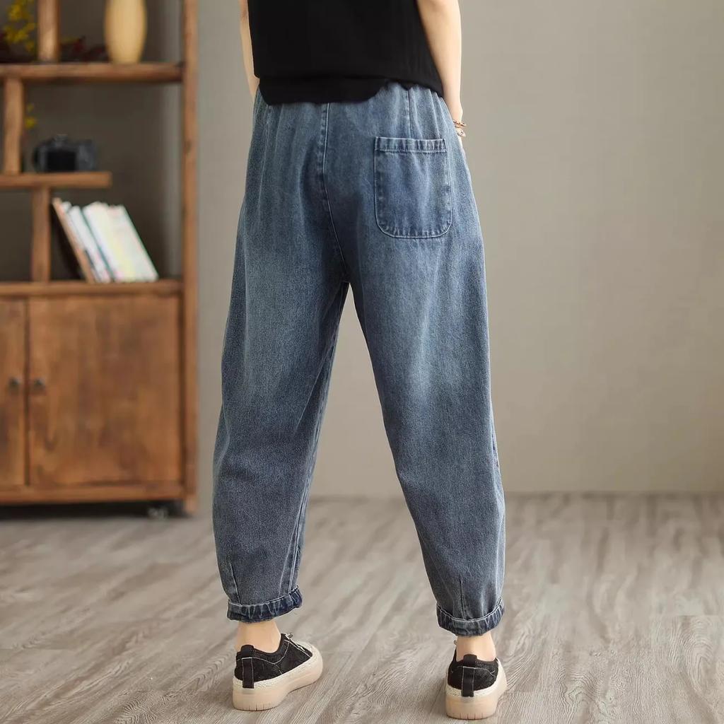 High Waisted Women's Jeans Spring Autumn  Loose Splicing Elastic Waist Harem Pants Women Casual Denim Nine Points Pants
