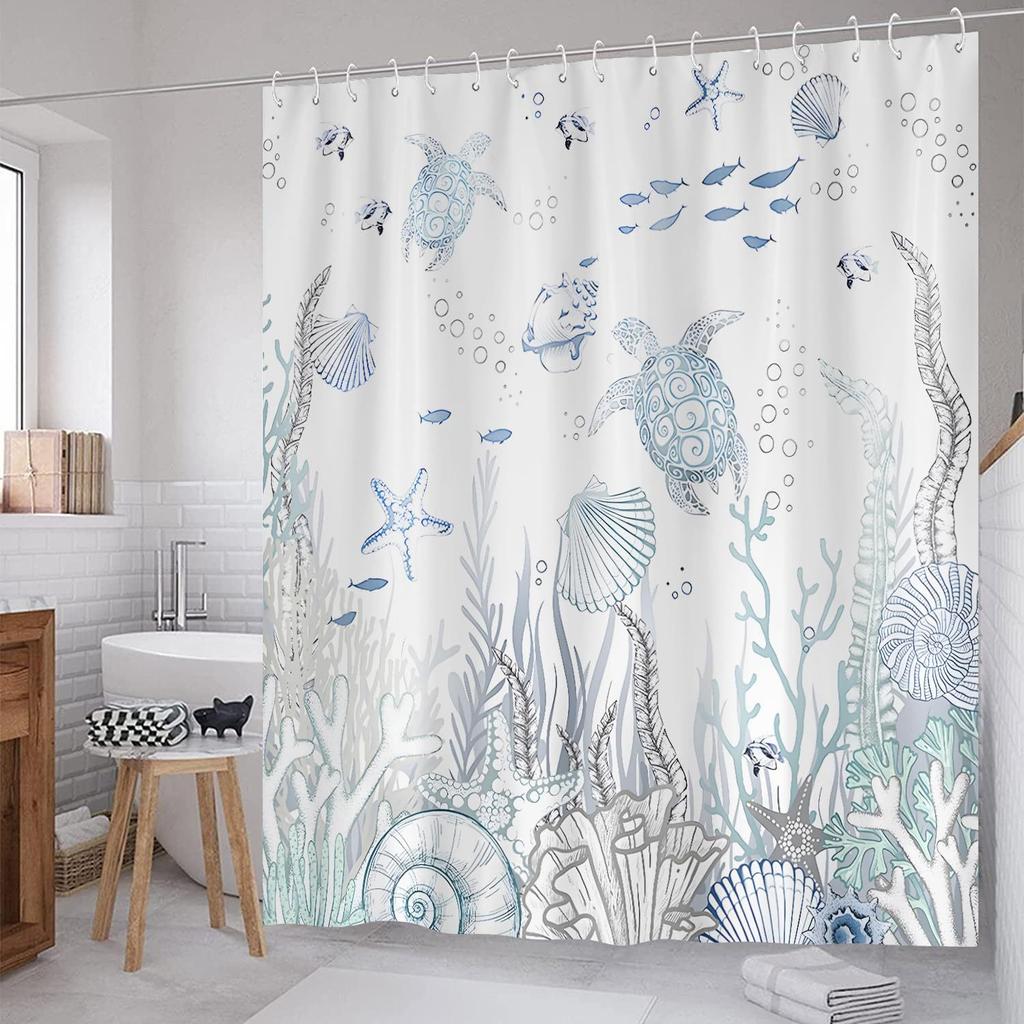 Coastal Turtle Shower Curtain Fish Coral Starfish Shell Blue Ocean Beach Waterproof Polyester Fabric Bathroom Curtains