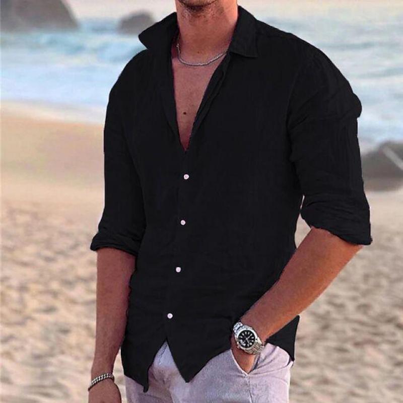 2024 Men's Linen Long Sleeve Shirts Button Up Shirt Casual Summer Loose Fit Turn-down Collar Shirt