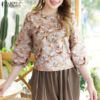 Women Casual Round Neck 3/4 Sleeve Loose Floral Blouse