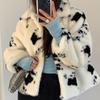 Winter Cotton Imitation Fur Coat for Women, Black and White Cow Pattern Loose Casual Imitation Mink Plush Coat for Women