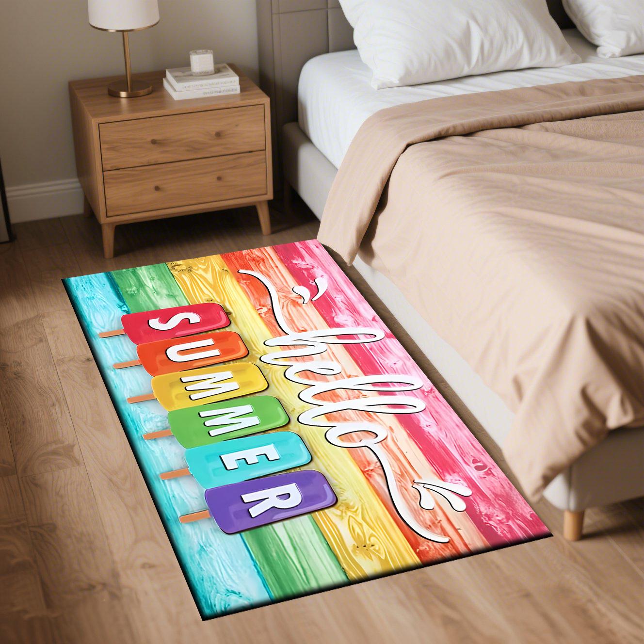 

Hello Summer Door Mat – Colorful Ice Cream & Wood Grain Design, Vibrant Seasonal Entryway Mat for Living Room, Bedroom 40x60cm16x24in