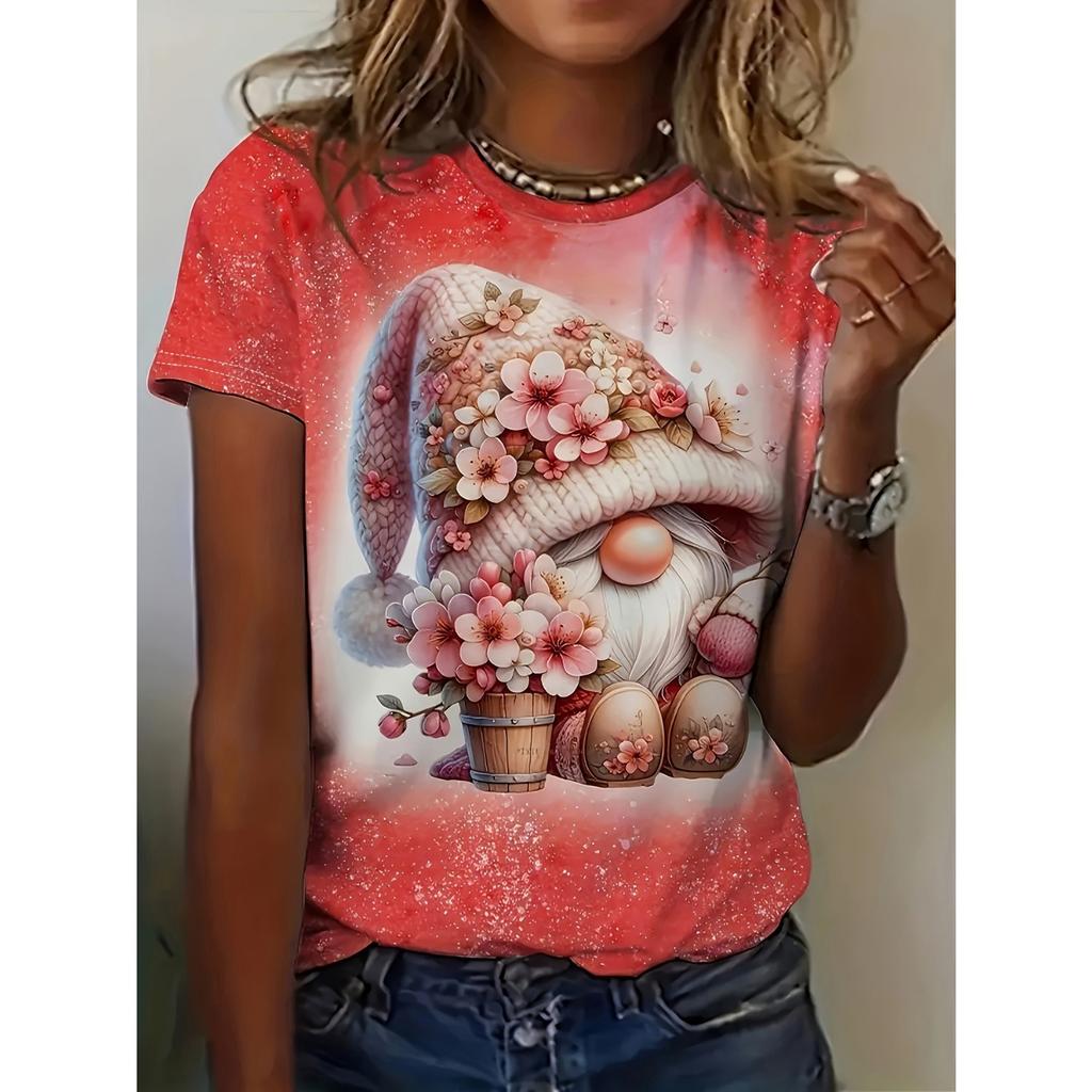 Bee Genie Gnomes Printed Women's T-shirt Comfortable Round Neck Short-sleeved Summer Style Casual Women's Clothing