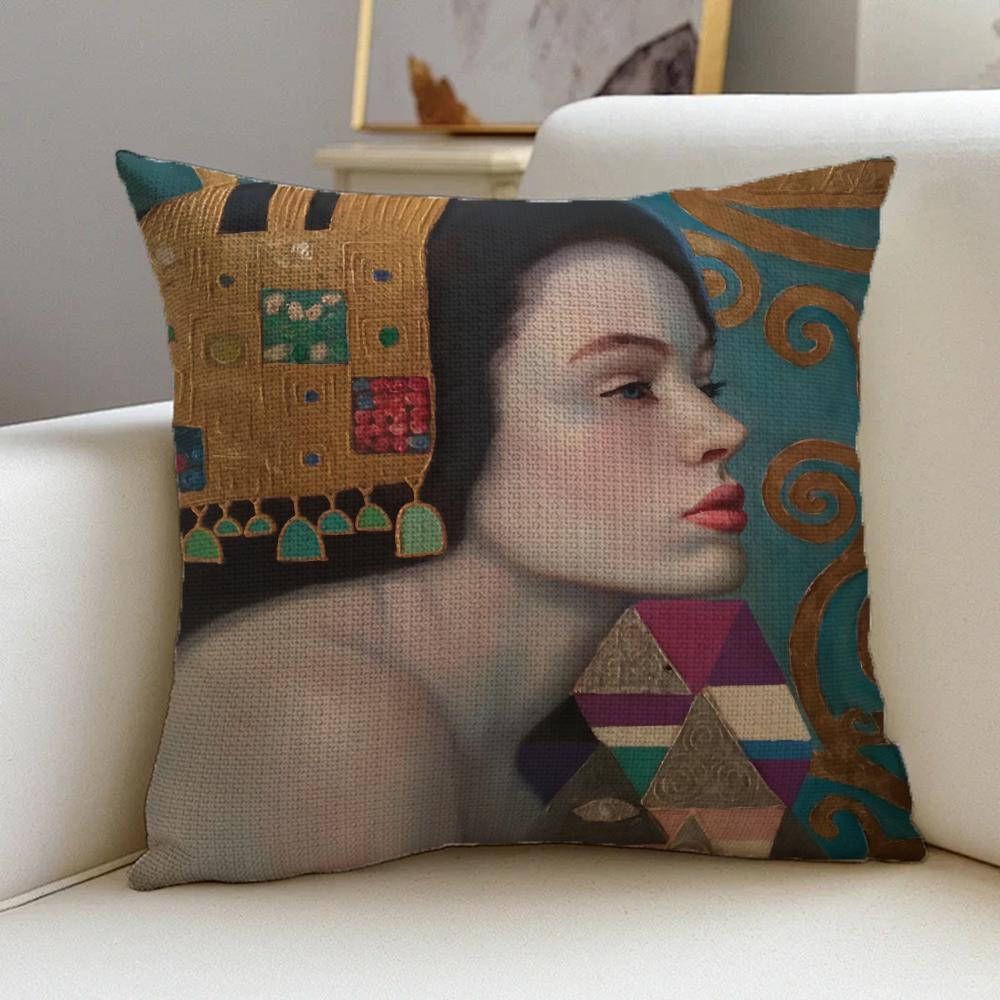 Cushion Cover Cushion Cover Pillowcase, Anti-Mite Invisible Zipper, Linen Sofa Cushion G-Gustav K-Klimt Oil Painting