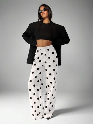 Women's White Polka Dot High Stretch Floor-length Jeans, Mid-Waist