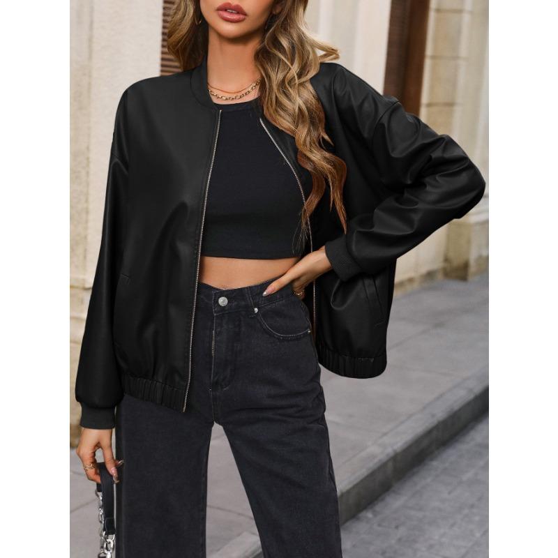 Dámská bunda plus size ležérní motorkářská bunda z umělé kůže s krátkým rukávem kožená bunda topy