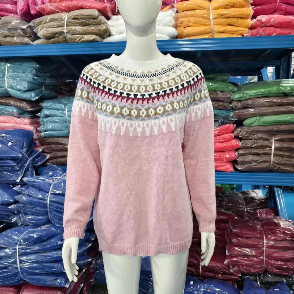 Winter Round Neck Color Blocked Loose Fashion Pullover Knitted Sweater Top For Women