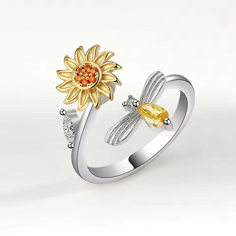 Anello Antistress Ansia Rotante Fiore per Donna Zircone Animale Ape Anello Spinner Metallico Regolabile Ragazza Festa Gioielli alla Moda