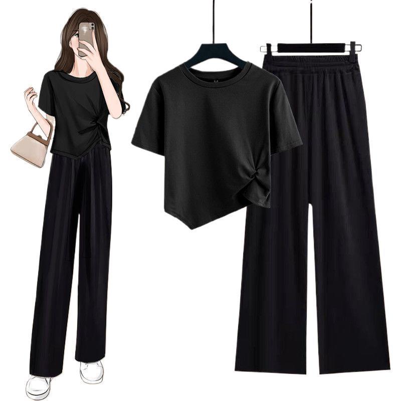 Set T-shirt a Blocchi di Colore Coreana e Pantaloni a Gamba Larga