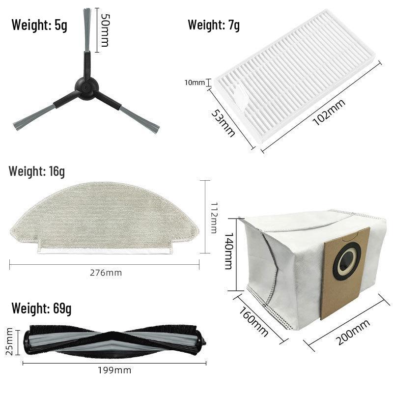 Yunmi Alpha 2 Pro Robot Vacuum Accessories: Side Brush, Main Brush, Filter, Dust Bag, Mop.