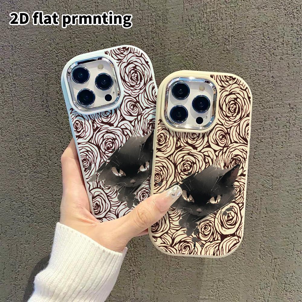 Phone Case: 2D flat design suitable for iPhone 18 17 16 15 14 13 Pro protective case, couple style, ink black cat, Christmas and Halloween gift
