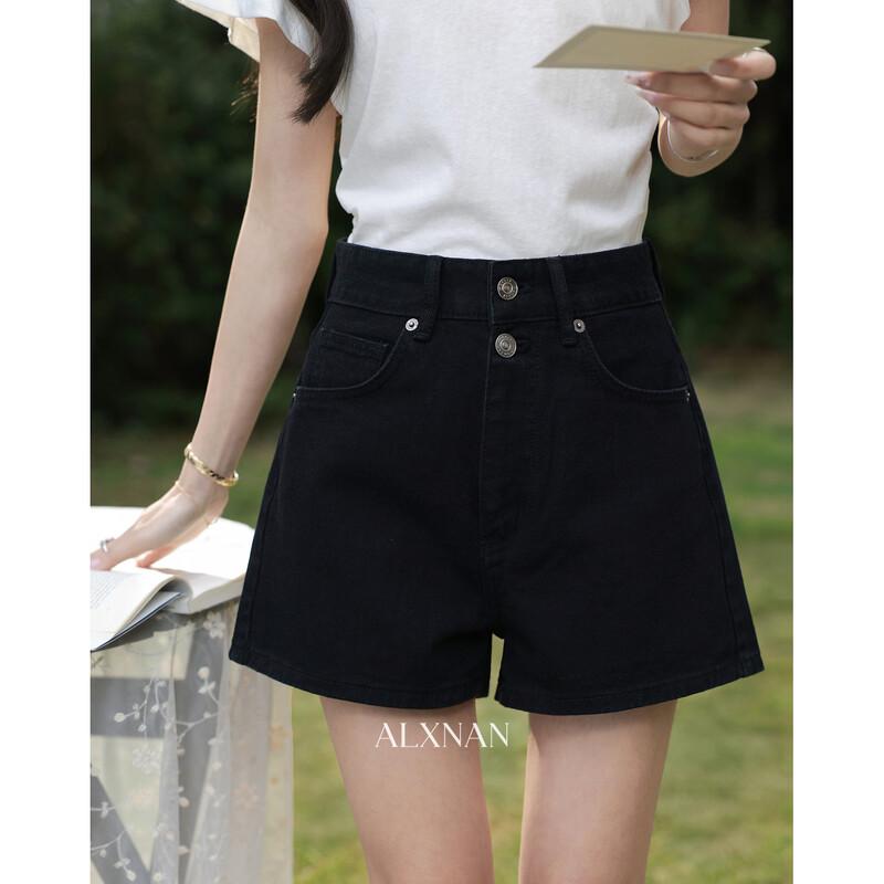 Luxiangnan Women s High-Waisted Black Wide-Leg Denim Shorts L