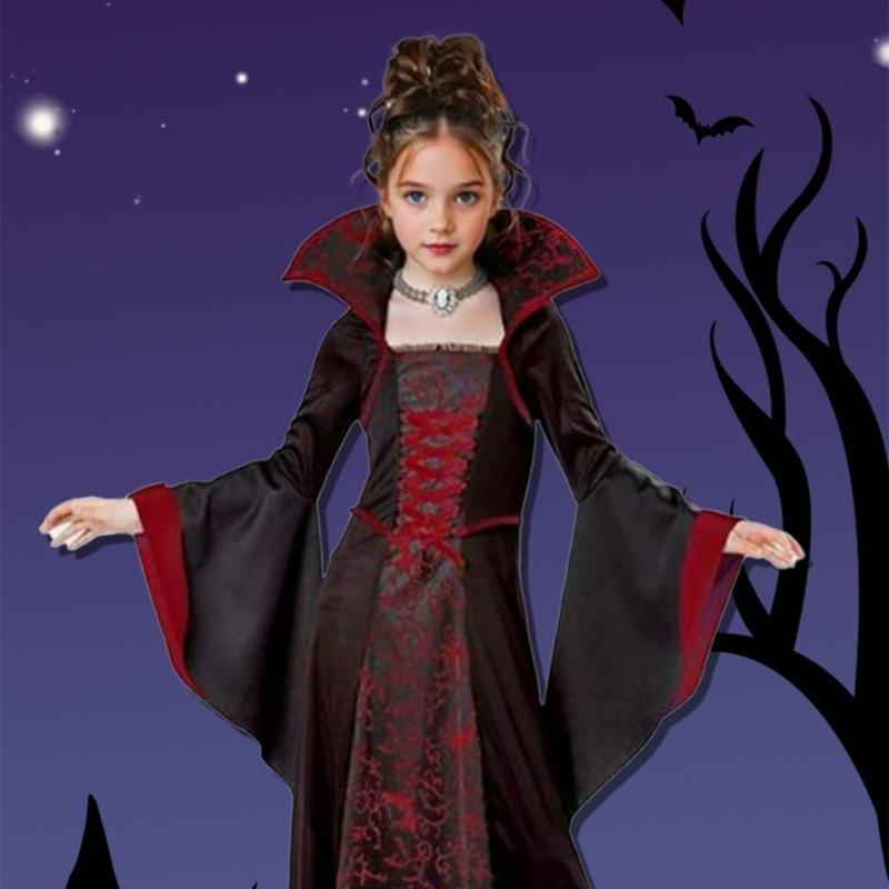 Blumenmuster Kleid mit Stehkragen Kinder Halloween Hexe Kostümkleid Für Mädchen Halloween Geburtstag Rollenspiel