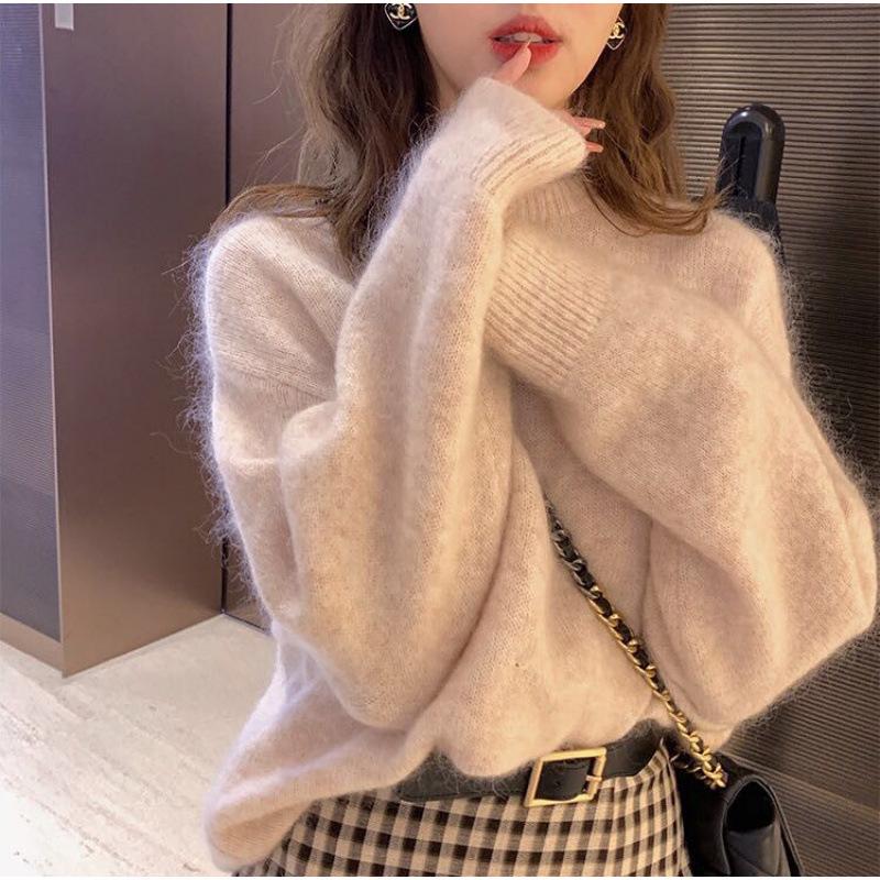 Women's Trendy 2024 Autumn/Winter Pink Mohair Loose Knit Sweater with Round Neck