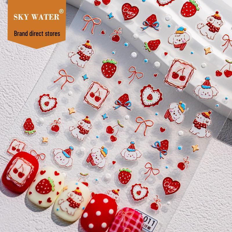 Sky New Adorable Strawberry Cream Puppy 3D Nail Art Stickers with Ribbon Bow and Cherry Design