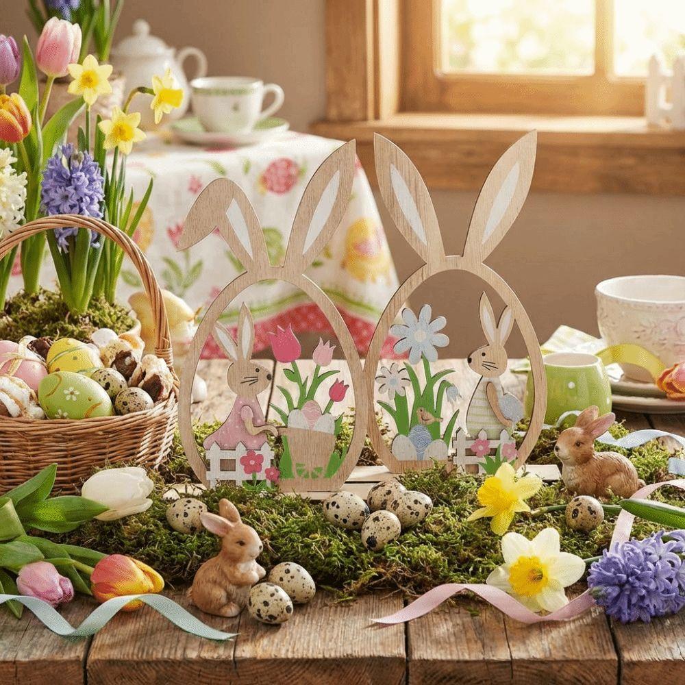 2Pcs Farmhouse Rustic Easter Bunny Ornament Hand-Painted Easter Table Decor Indoor Home