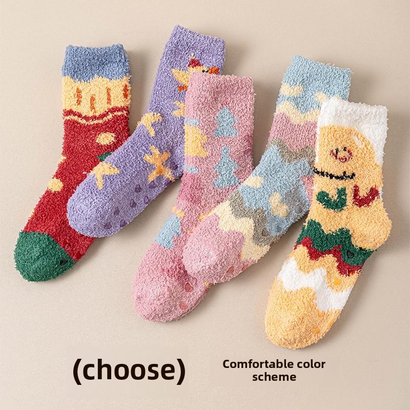 Coral Velvet Socks for Women Thickened Non-shedding Cartoon Furry Jacquard Sleeping Socks Floor Non-slip Warm Home Socks