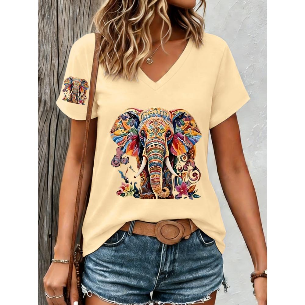 Retro Paisley Texture Animal Elephant Print Women's Summer Elegant Comfortable, Breathable V-Neck Short Sleeved Casual T-Shirt