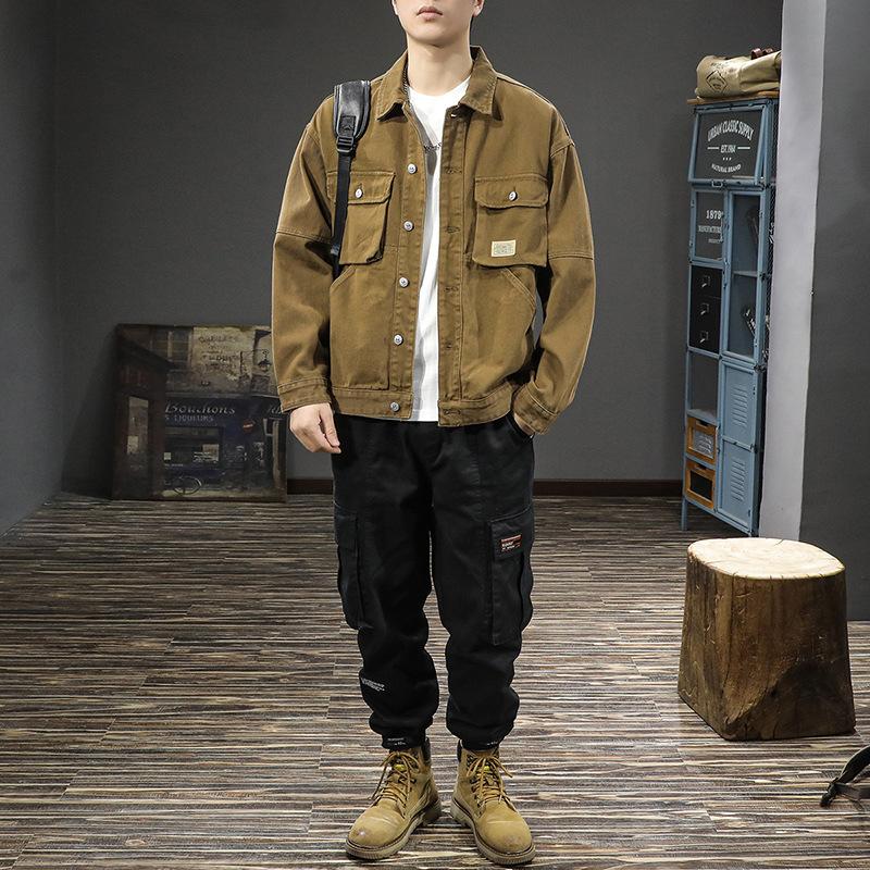 Japanese Multi-Pocket Tooling Denim Jacket Men'S American Retro Mountain Trend Handsome Velvet Casual Jacket