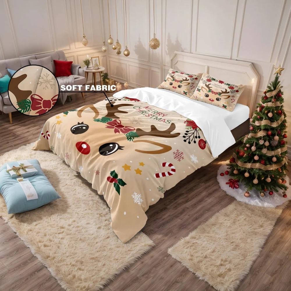3pcs Christmas Cute Reindeer Printed Chipless Bedding Set Multi Size Bedding Decoration for Bedrooms
