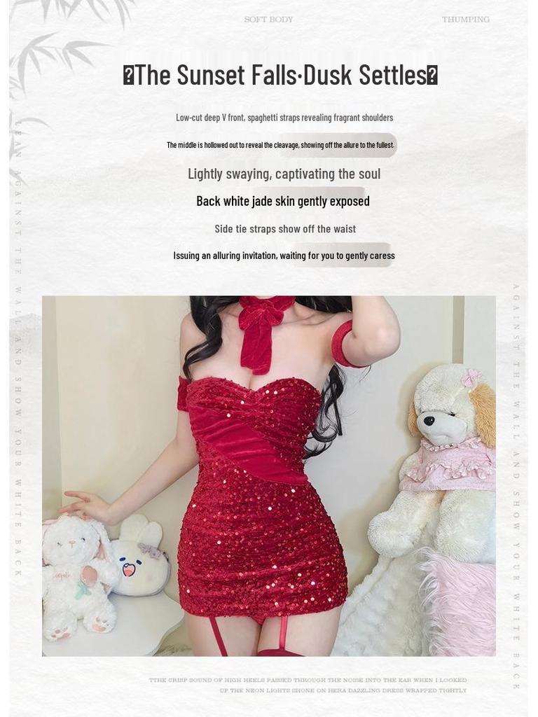 Orange Fire Christmas Sexy Bunny Cosplay Lingerie Strapless Dress Role Play Set