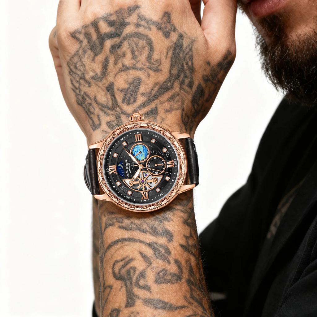 Montre Mécanique Automatique de Luxe pour Homme d'Affaires, avec un Design Squelette, Cadran Sculpté Rétro Élégant comme Cadeau Montres-Bracelets