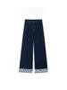 American plaid splicing jeans women's autumn new high-waisted loose and thin straight wide-leg trousers