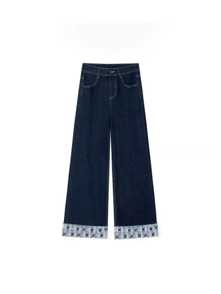 American plaid splicing jeans women's autumn new high-waisted loose and thin straight wide-leg trousers