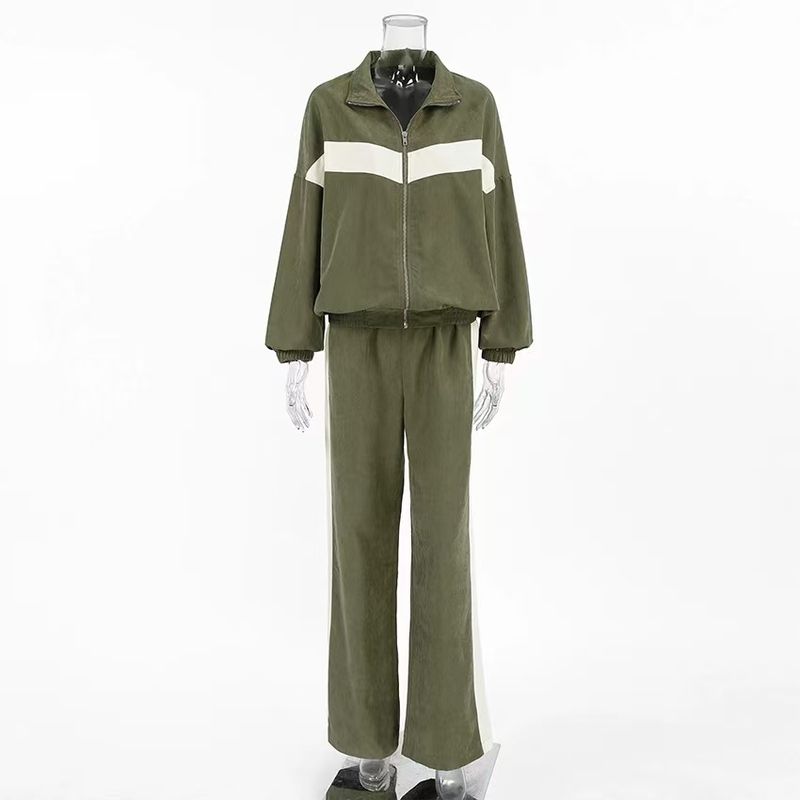 

European and American Autumn Contrast Color Loose Small Stand Collar Top Wide-leg Pants Set Loose Top and Pants Set Green S