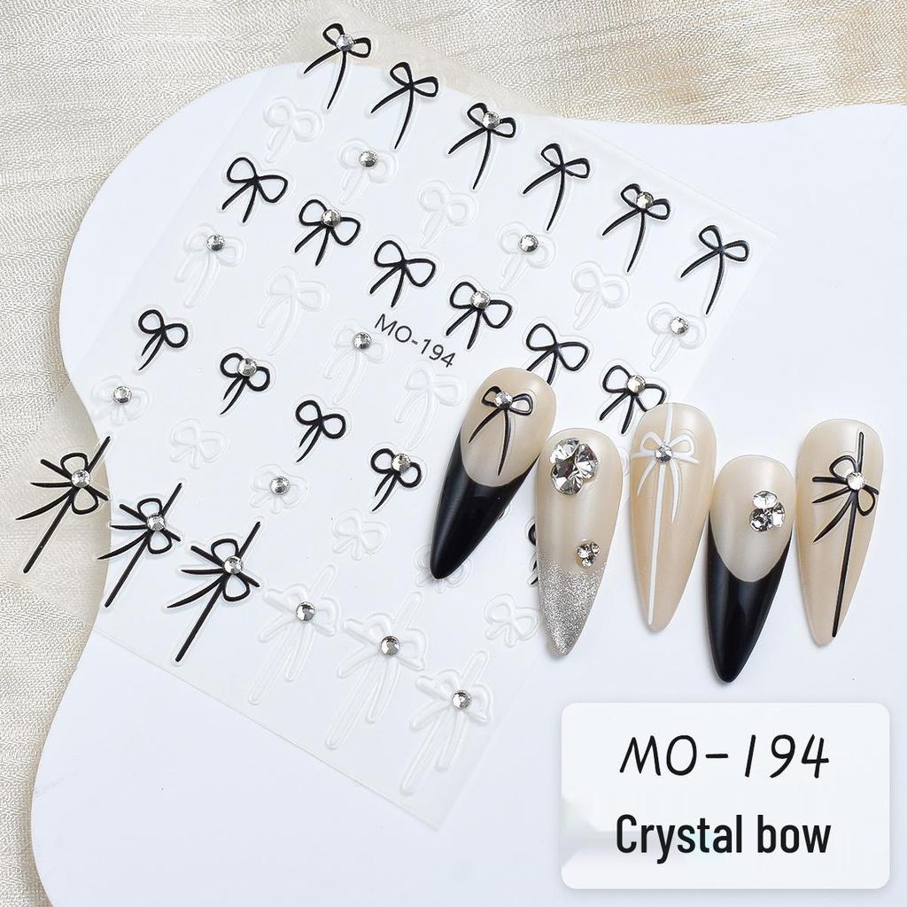 3D Crystal Bow Nail Stickers: Cute Black & White Self-Adhesive Embossed Decals