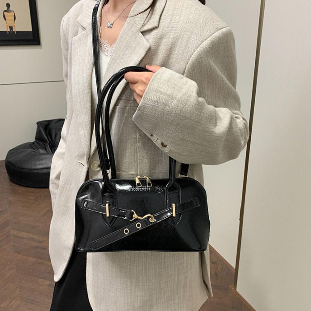 Korean Style Retro Shoulder Bag Solid Color Bowling Bag Fashionable Underarm Bag  Travel