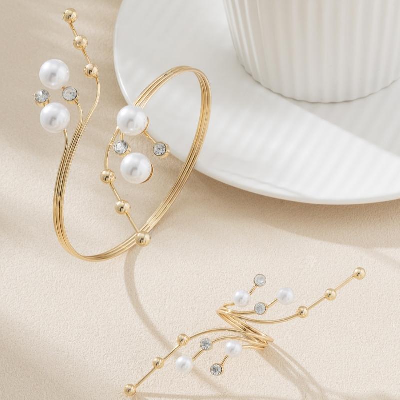 Vintage Weißer Imitationsperlen Geometrischer Ring Damen Überzogener Metall Unregelmäßiger Doppelter Großer Perlenring Party Schmuck