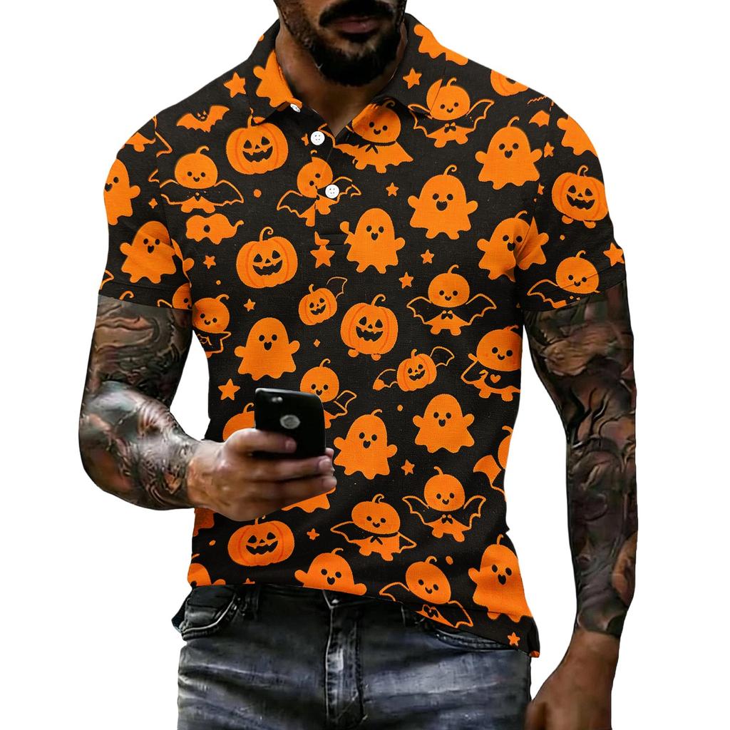 Unisex Loose Fit Casual Short Sleeve Polo Shirt with Halloween Themed Print Pullover Design for Everyday Wear
