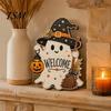 Halloween Door Sign Black Cat Ghost Sign, Decorative Plaque, Wooden Hanging Entrance Ornaments Vintage Rustic Decor with Jute Rope, Seasonal Wall Art