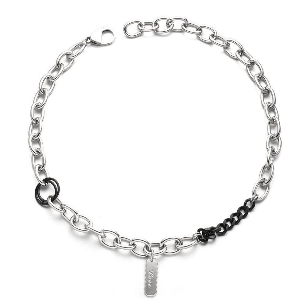 Stylish Two-Color Patchwork Chain Rectangular Pendant Titanium Steel Necklace
