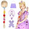 Acessório de Cabeça Cosplay Princesa Rapunzel para Meninas Crianças Roxo Carnaval Cos Flores Faixa de Cabeça Peruca Floral Trançada Longa Presente de Aniversário